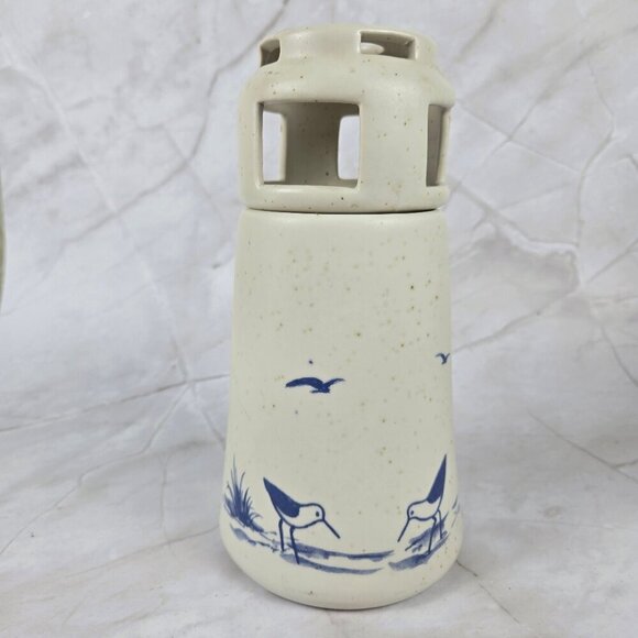 Vintage Sanibel Pottery 1984 Lighthouse Candle Holder Seabirds Cream Blue - Picture 3 of 14